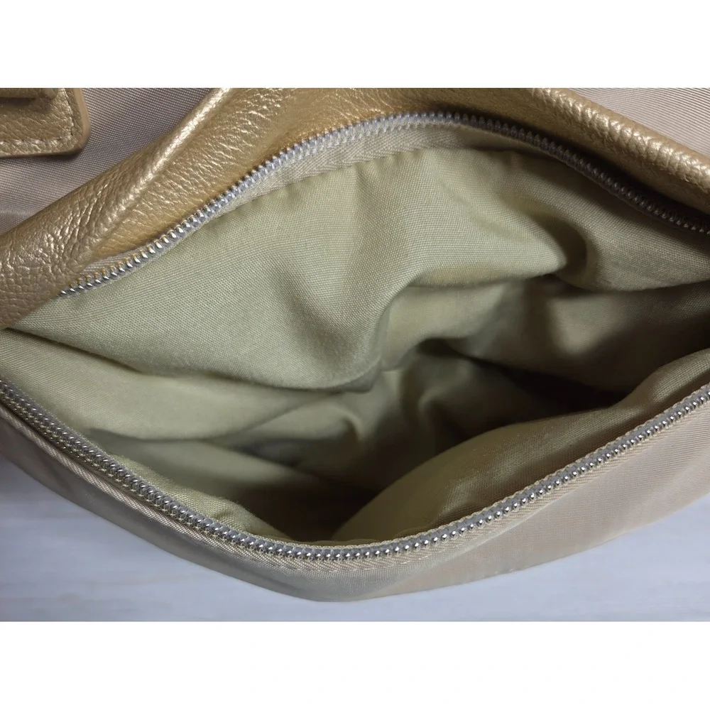 Chicos Large Tote Bag Champagne Gold Nylon Vegan Leather Weekender Travel Purse